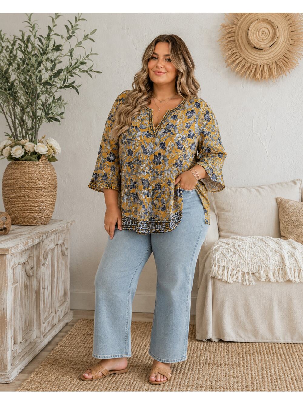 Magnolia Grace Floral Tunic Top XL Mustard Yellow Boho Peasant Blouse
